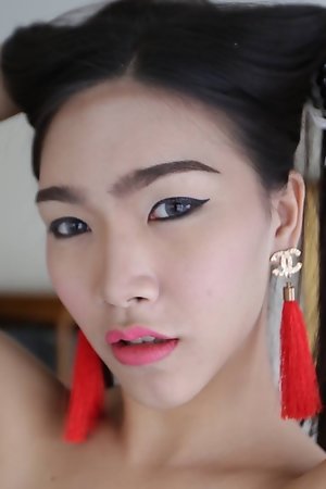 21 year old busty Thai ladyboy strips and sucks tourist cock for a facial